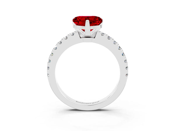 Platinum Heart Cut Solitaire Ruby with Pavé Band and Four-Prong Setting