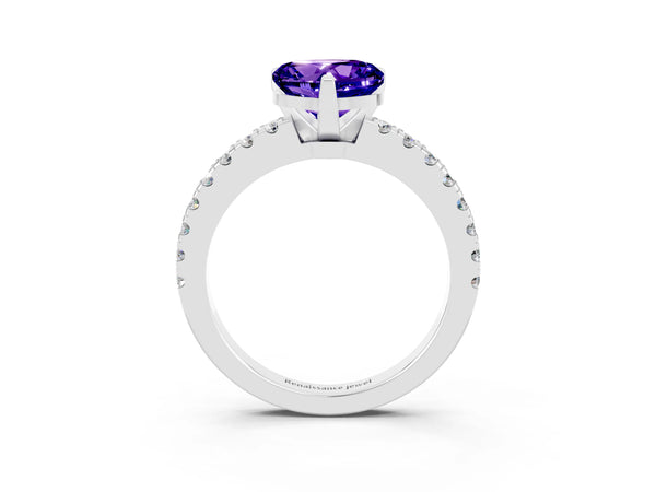 Silver Heart Cut Solitaire Tanzanite with Pavé Band and Four-Prong Setting