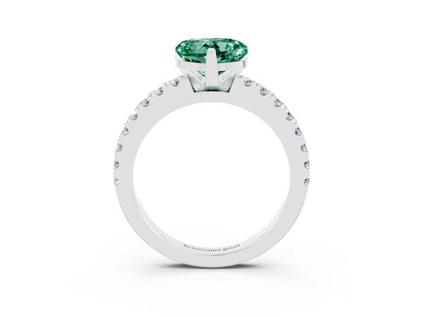 White gold Heart Cut Solitaire Green Sapphire with Pavé Band and Four-Prong Setting