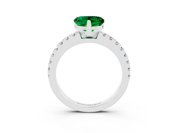 Silver Heart Cut Solitaire Emerald with Pavé Band and Four-Prong Setting