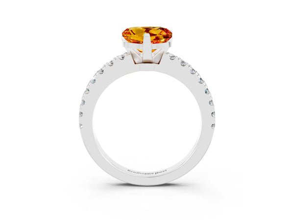 Platinum Heart Cut Solitaire Citrine with Pavé Band and Four-Prong Setting