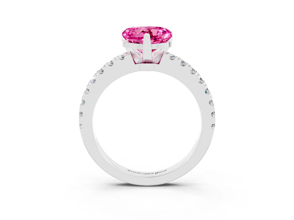 Silver Heart Cut Solitaire Pink Sapphire with Pavé Band and Four-Prong Setting