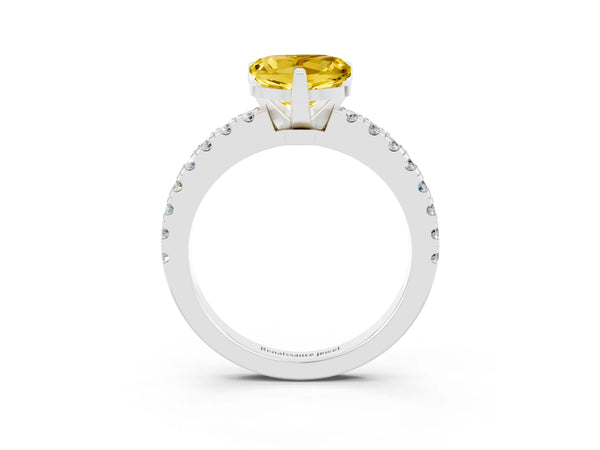 Silver Heart Cut Solitaire Yellow Sapphire with Pavé Band and Four-Prong Setting