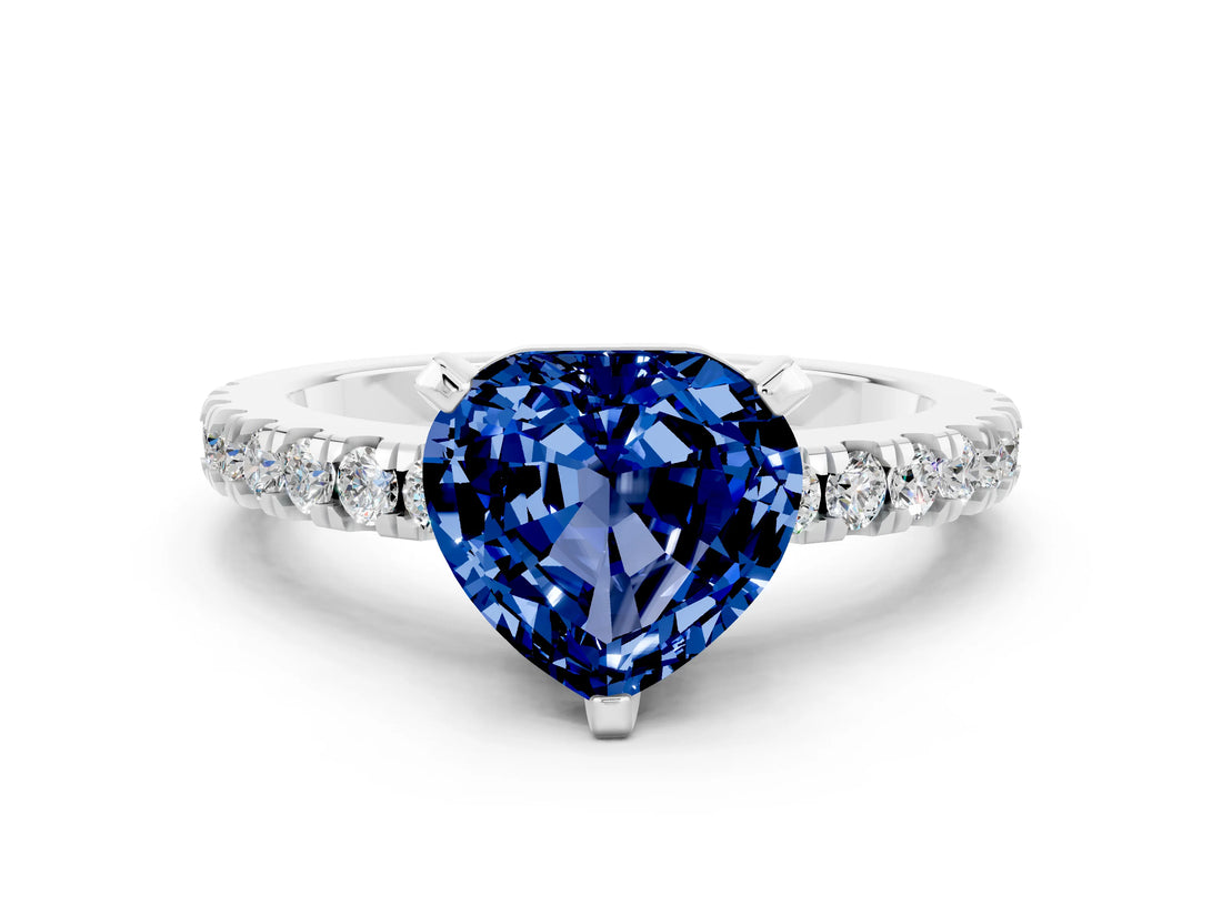 White gold Heart Cut Solitaire Diamond with Pavé Band and Four-Prong Setting
