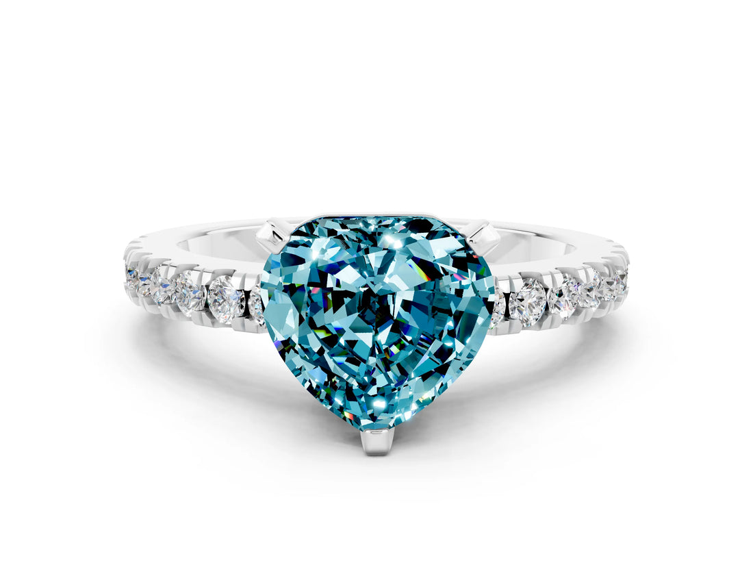 White gold Heart Cut Solitaire Diamond with Pavé Band and Four-Prong Setting