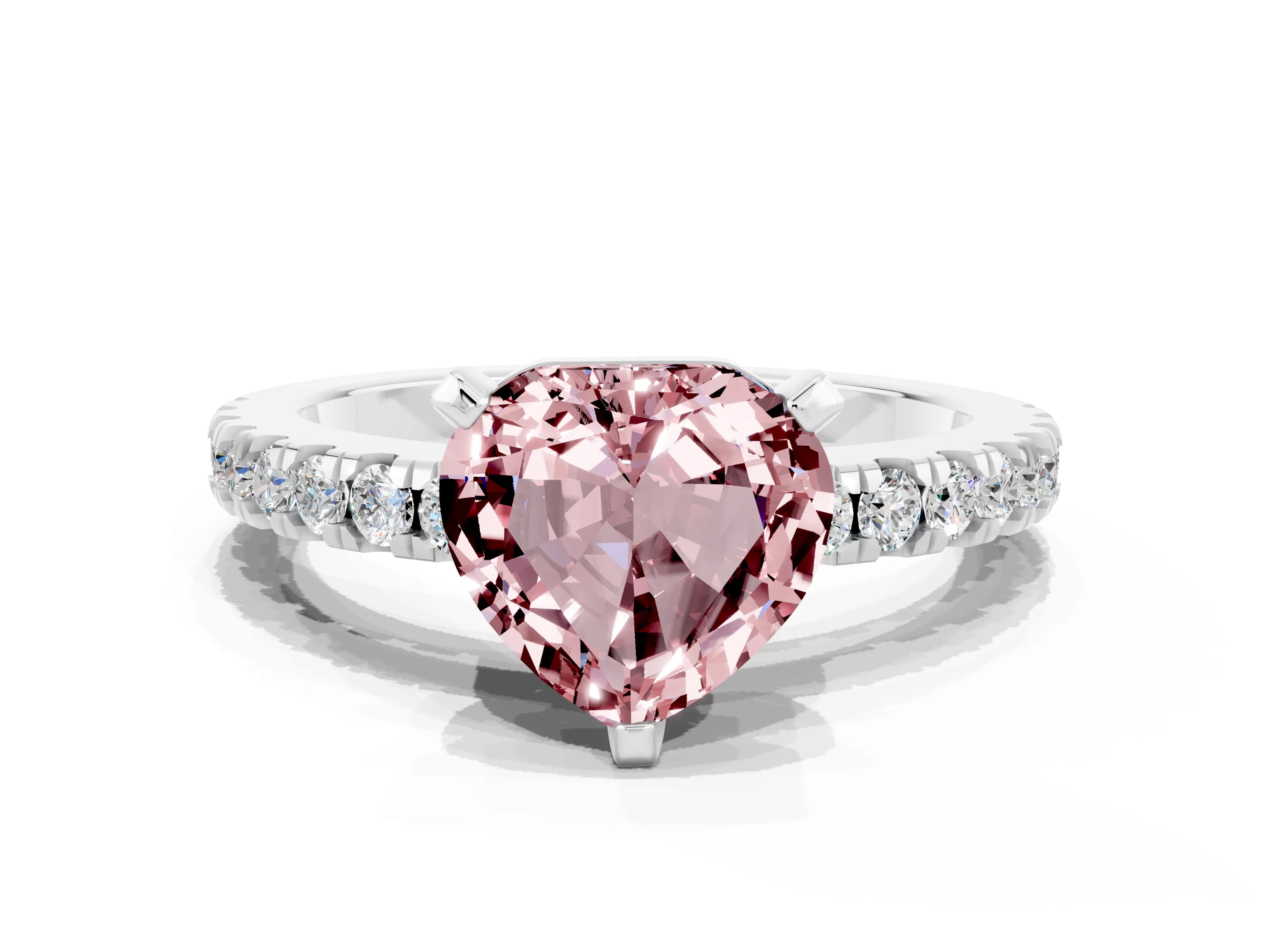 White gold Heart Cut Solitaire Diamond with Pavé Band and Four-Prong Setting