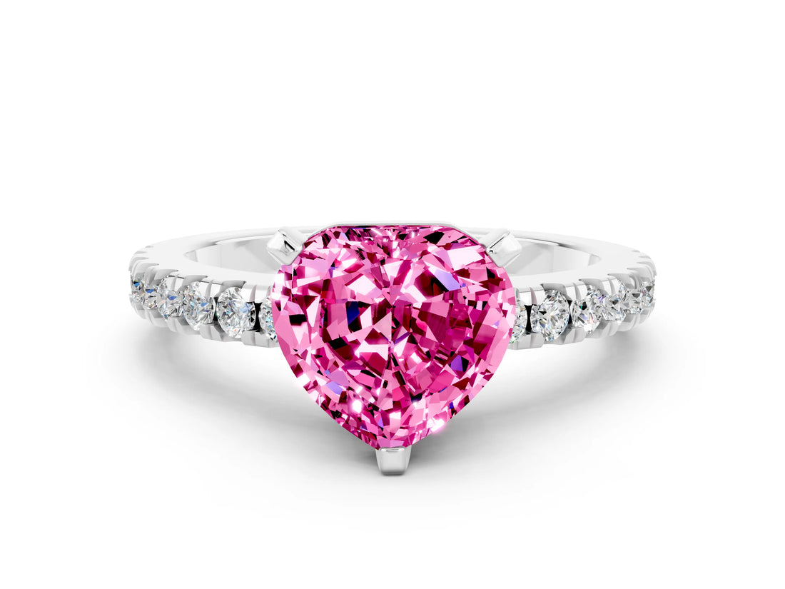 White gold Heart Cut Solitaire Diamond with Pavé Band and Four-Prong Setting