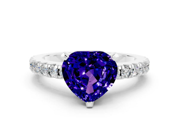 Platinum Heart Cut Solitaire Tanzanite with Pavé Band and Four-Prong Setting