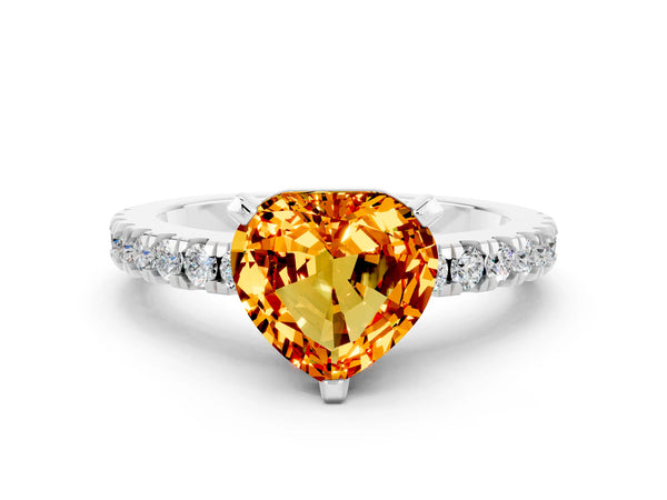 White gold Heart Cut Solitaire Citrine with Pavé Band and Four-Prong Setting