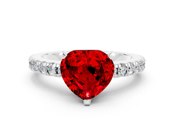 Silver Heart Cut Solitaire Ruby with Pavé Band and Four-Prong Setting