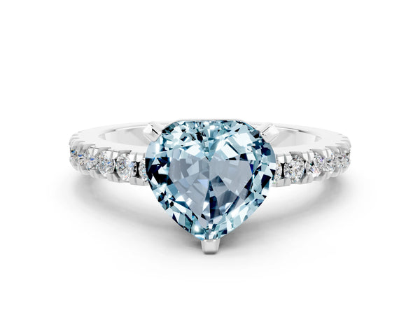 Platinum Heart Cut Solitaire Aquamarine with Pavé Band and Four-Prong Setting