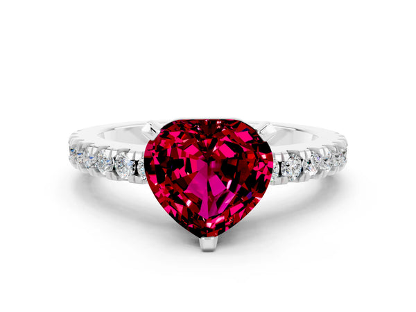 Platinum Heart Cut Solitaire Garnet with Pavé Band and Four-Prong Setting