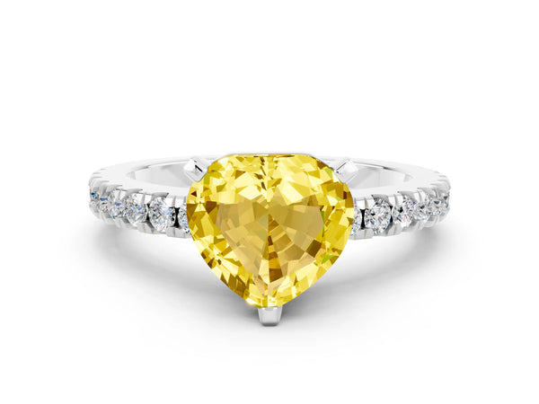 Silver Heart Cut Solitaire Yellow Sapphire with Pavé Band and Four-Prong Setting