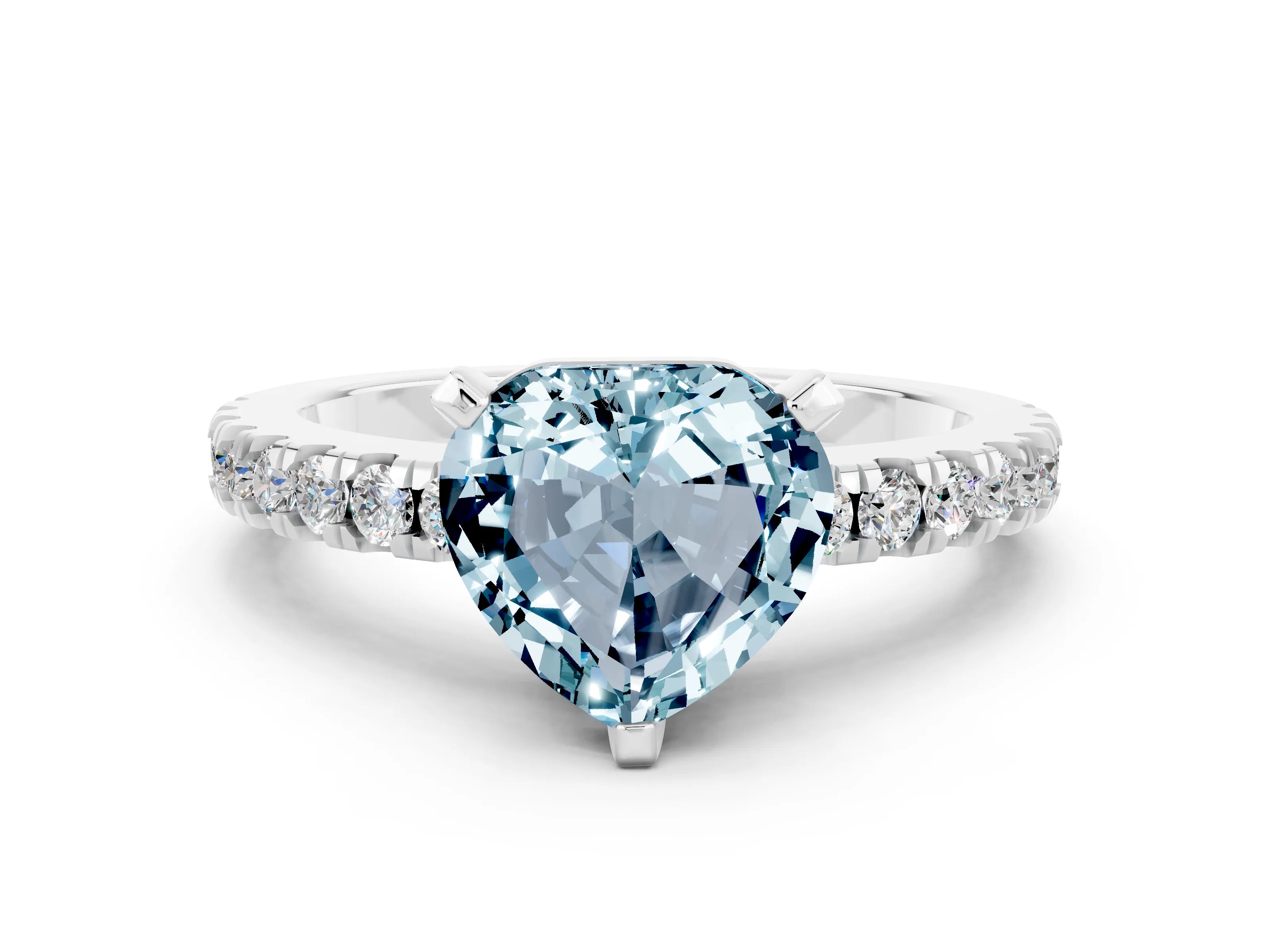 White gold Heart Cut Solitaire Diamond with Pavé Band and Four-Prong Setting