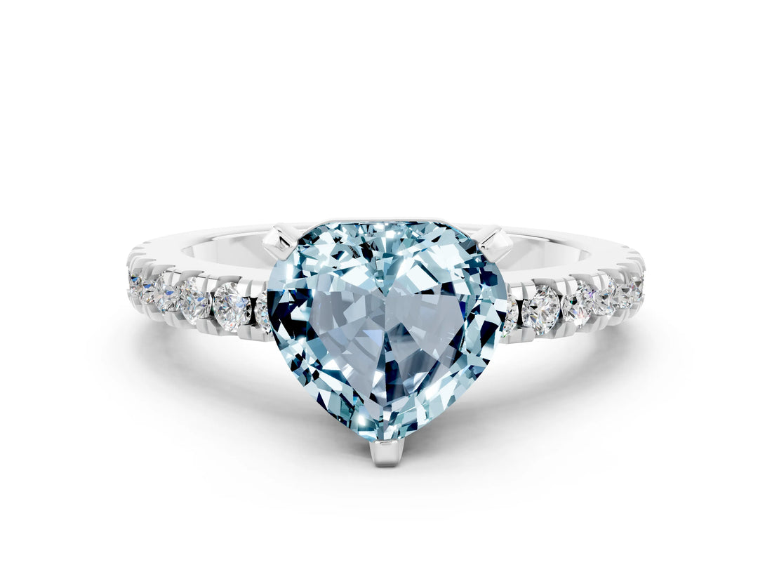 White gold Heart Cut Solitaire Diamond with Pavé Band and Four-Prong Setting