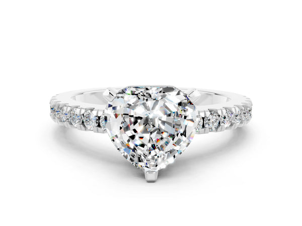 White gold Heart Cut Solitaire Moissanite with Pavé Band and Four-Prong Setting