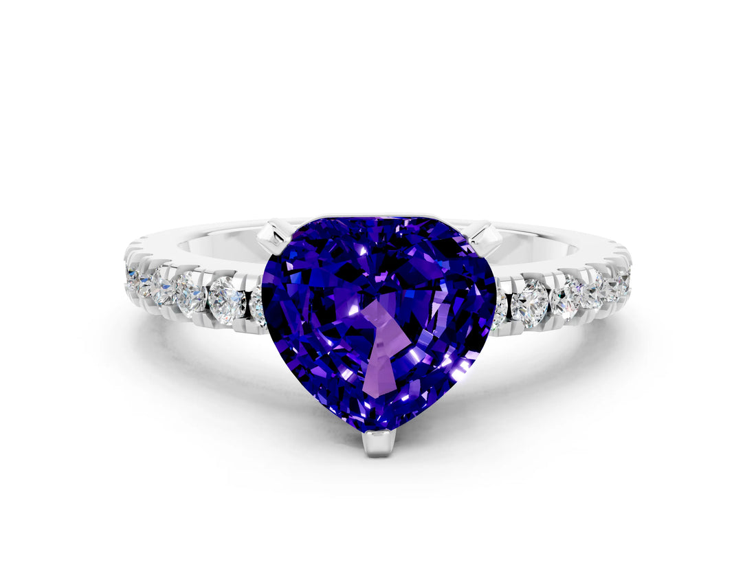 White gold Heart Cut Solitaire Diamond with Pavé Band and Four-Prong Setting