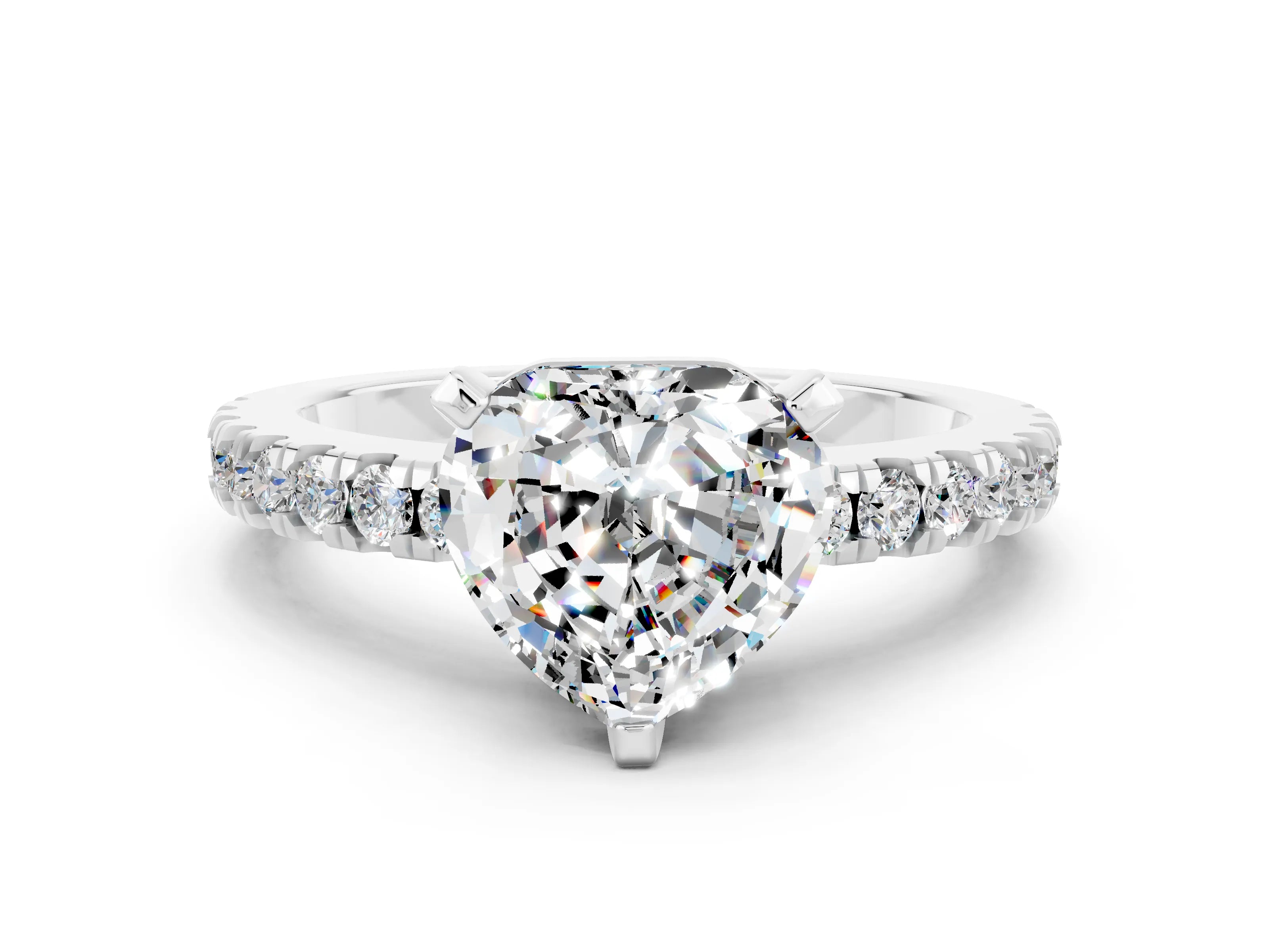 White gold Heart Cut Solitaire Diamond with Pavé Band and Four-Prong Setting