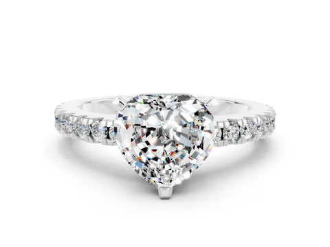 White gold Heart Cut Solitaire Diamond with Pavé Band and Four-Prong Setting