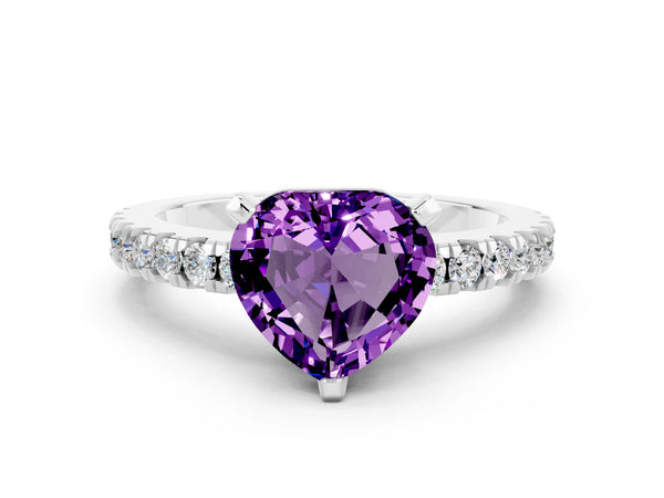 Platinum Heart Cut Solitaire Amethyst with Pavé Band and Four-Prong Setting