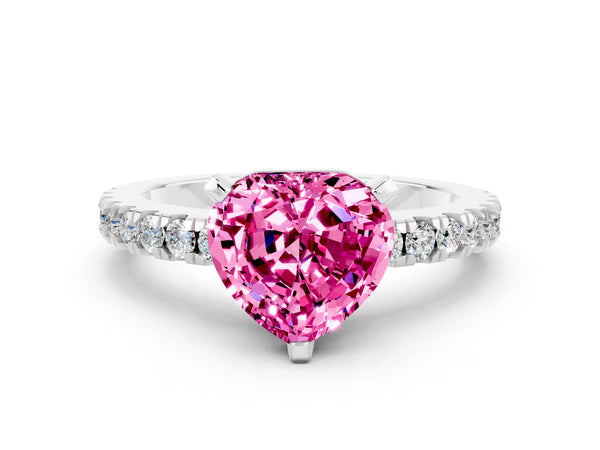 Platinum Heart Cut Solitaire Pink Sapphire with Pavé Band and Four-Prong Setting