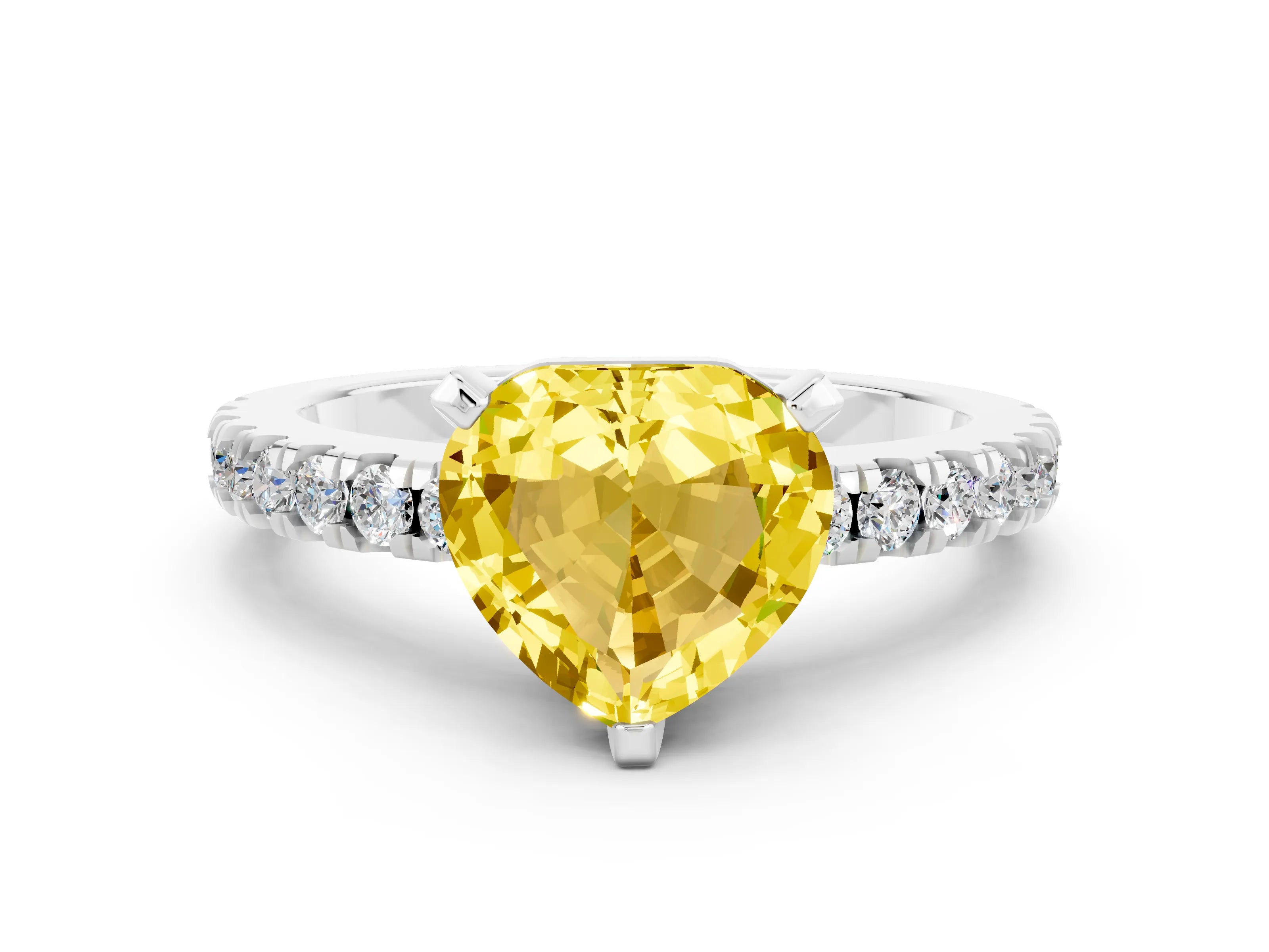 White gold Heart Cut Solitaire Diamond with Pavé Band and Four-Prong Setting