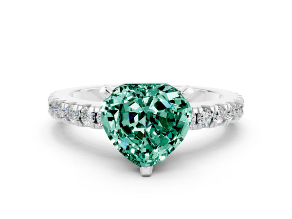 White gold Heart Cut Solitaire Green Sapphire with Pavé Band and Four-Prong Setting