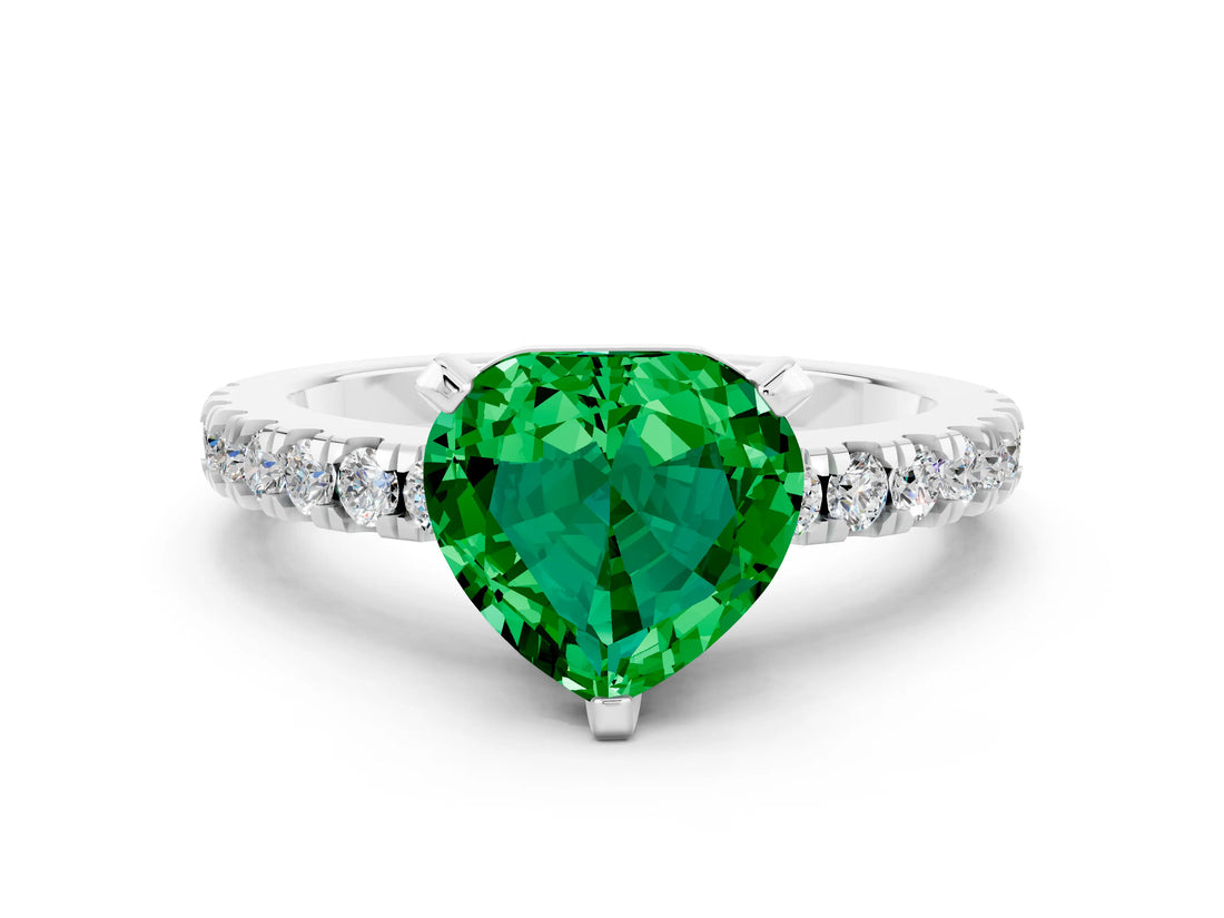 White gold Heart Cut Solitaire Diamond with Pavé Band and Four-Prong Setting