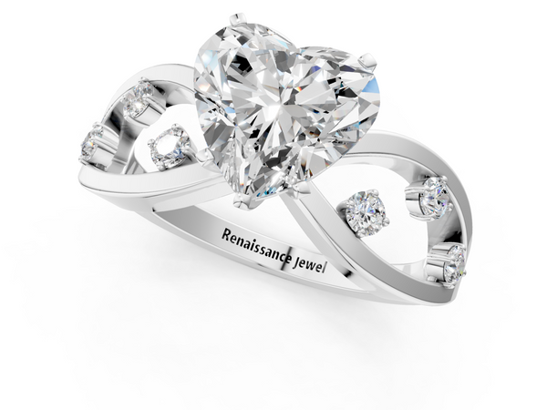 Platinum Heart Cut Solitaire Diamond with Side Stones on Criss-Cross Band and Four-Prong Setting