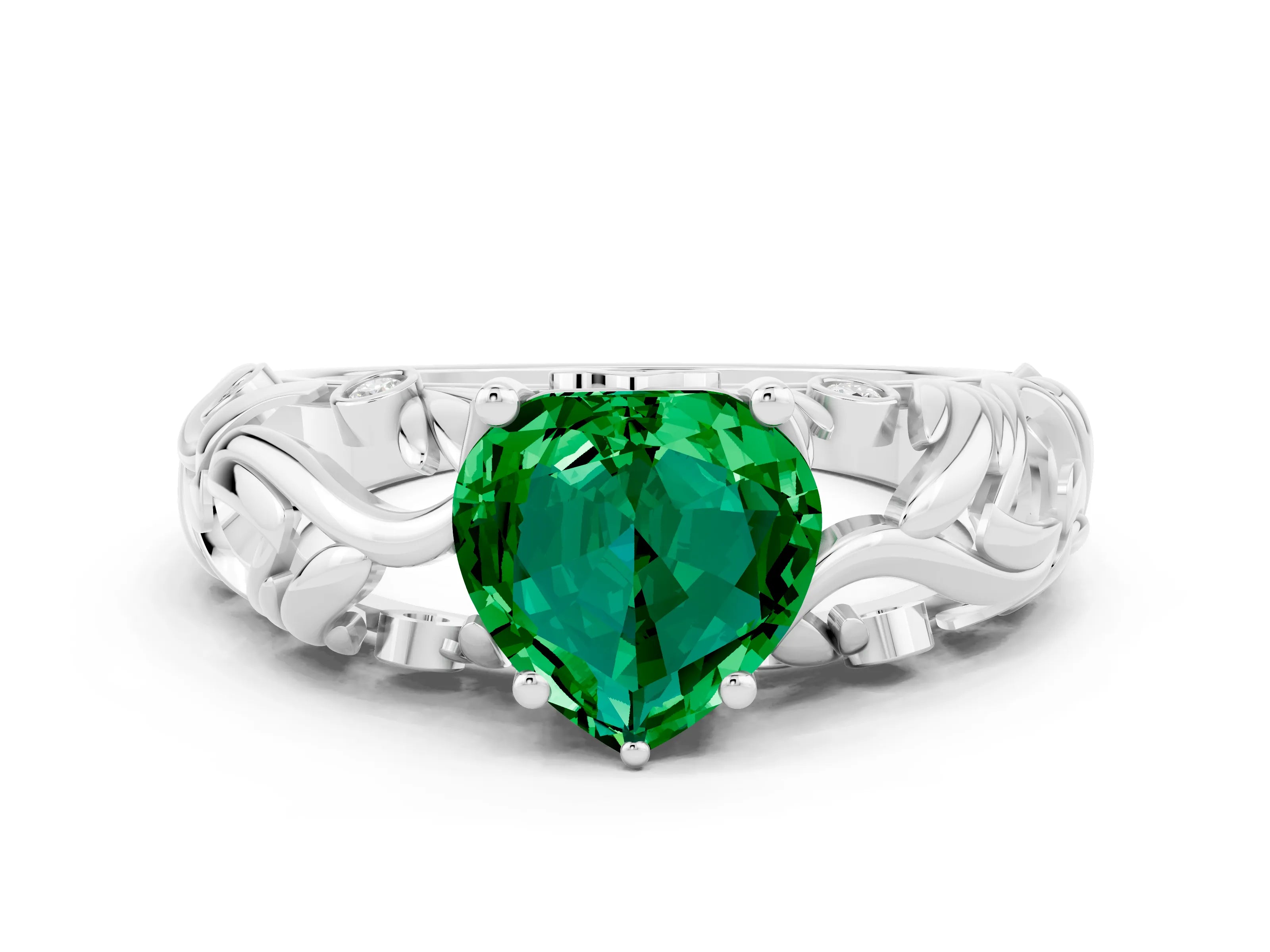 White gold Heart Cut Solitaire Emerald Leaf-Inspired Vine Band Ring with Prong Setting