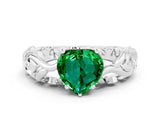 White gold Heart Cut Solitaire Emerald Leaf-Inspired Vine Band Ring with Prong Setting