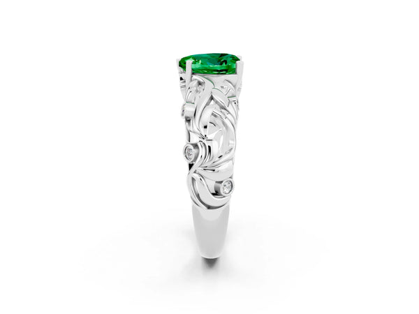 Platinum Heart Cut Solitaire Emerald Leaf-Inspired Vine Band Ring with Prong Setting