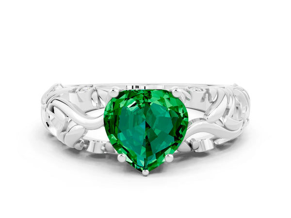 Silver Heart Cut Solitaire Emerald Leaf-Inspired Vine Band Ring with Prong Setting