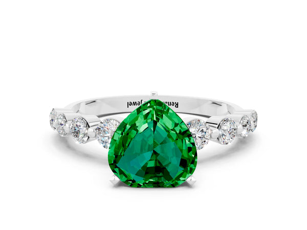Platinum Heart Cut Solitaire Emerald Ring with Pave Band and Four-Prong Setting