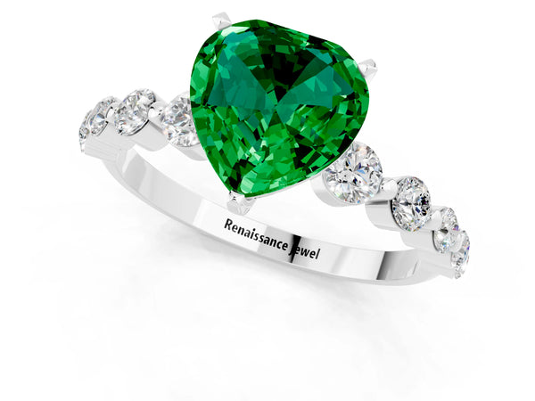 Platinum Heart Cut Solitaire Emerald Ring with Pave Band and Four-Prong Setting