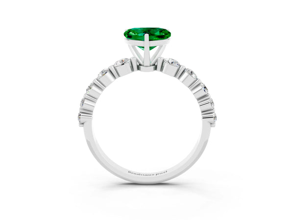 White gold Heart Cut Solitaire Emerald Ring with Pave Band and Four-Prong Setting