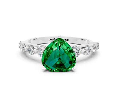 White gold Heart Cut Solitaire Emerald Ring with Pave Band and Four-Prong Setting