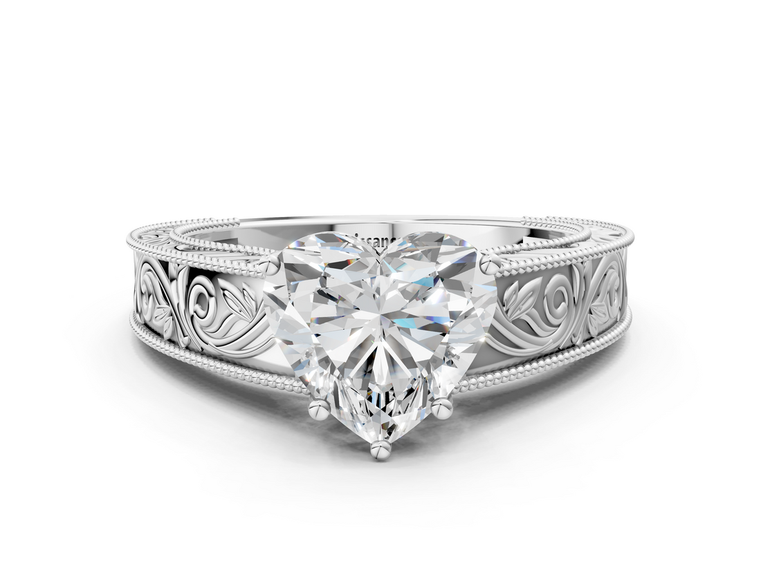 White gold Heart Cut Solitaire Engraved Band with Four-Prong Setting_58