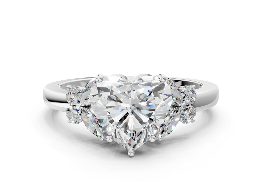 White gold Heart Cut Solitaire Floral Diamond Ring with Four-Prong Setting_37