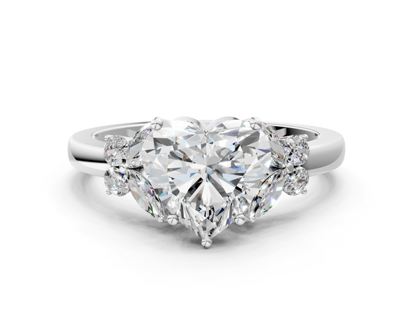 White gold Heart Cut Solitaire Floral Diamond Ring with Four-Prong Setting