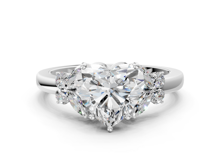 White gold Heart Cut Solitaire Floral Diamond Ring with Four-Prong Setting