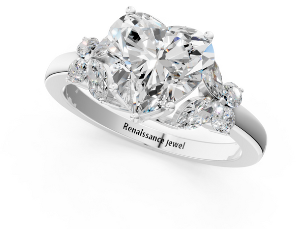 White gold Heart Cut Solitaire Floral Diamond Ring with Four-Prong Setting