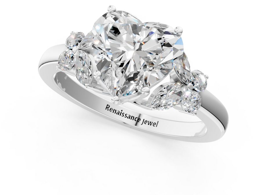 White gold Heart Cut Solitaire Floral Diamond Ring with Four-Prong Setting