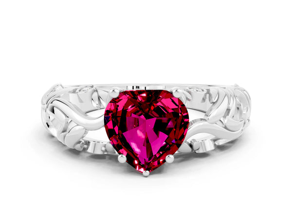 Platinum Heart Cut Solitaire Garnet Leaf-Inspired Vine Band Ring with Prong Setting