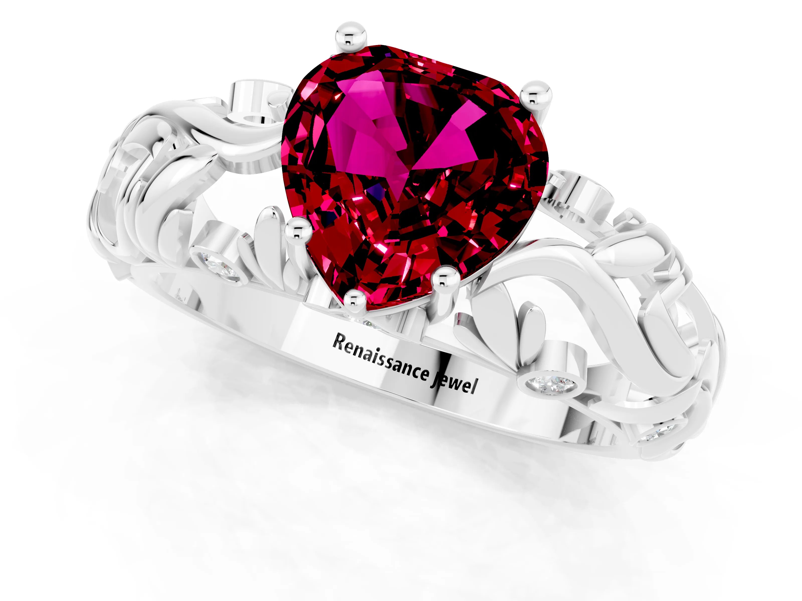 White gold Heart Cut Solitaire Garnet Leaf-Inspired Vine Band Ring with Prong Setting_1