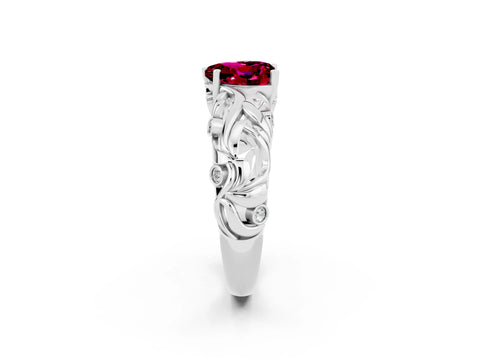White gold Heart Cut Solitaire Garnet Leaf-Inspired Vine Band Ring with Prong Setting_2