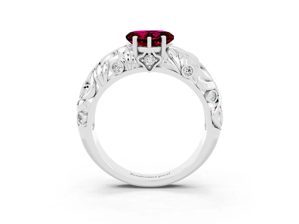 White gold Heart Cut Solitaire Garnet Leaf-Inspired Vine Band Ring with Prong Setting