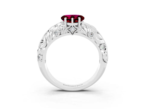 White gold Heart Cut Solitaire Garnet Leaf-Inspired Vine Band Ring with Prong Setting_3