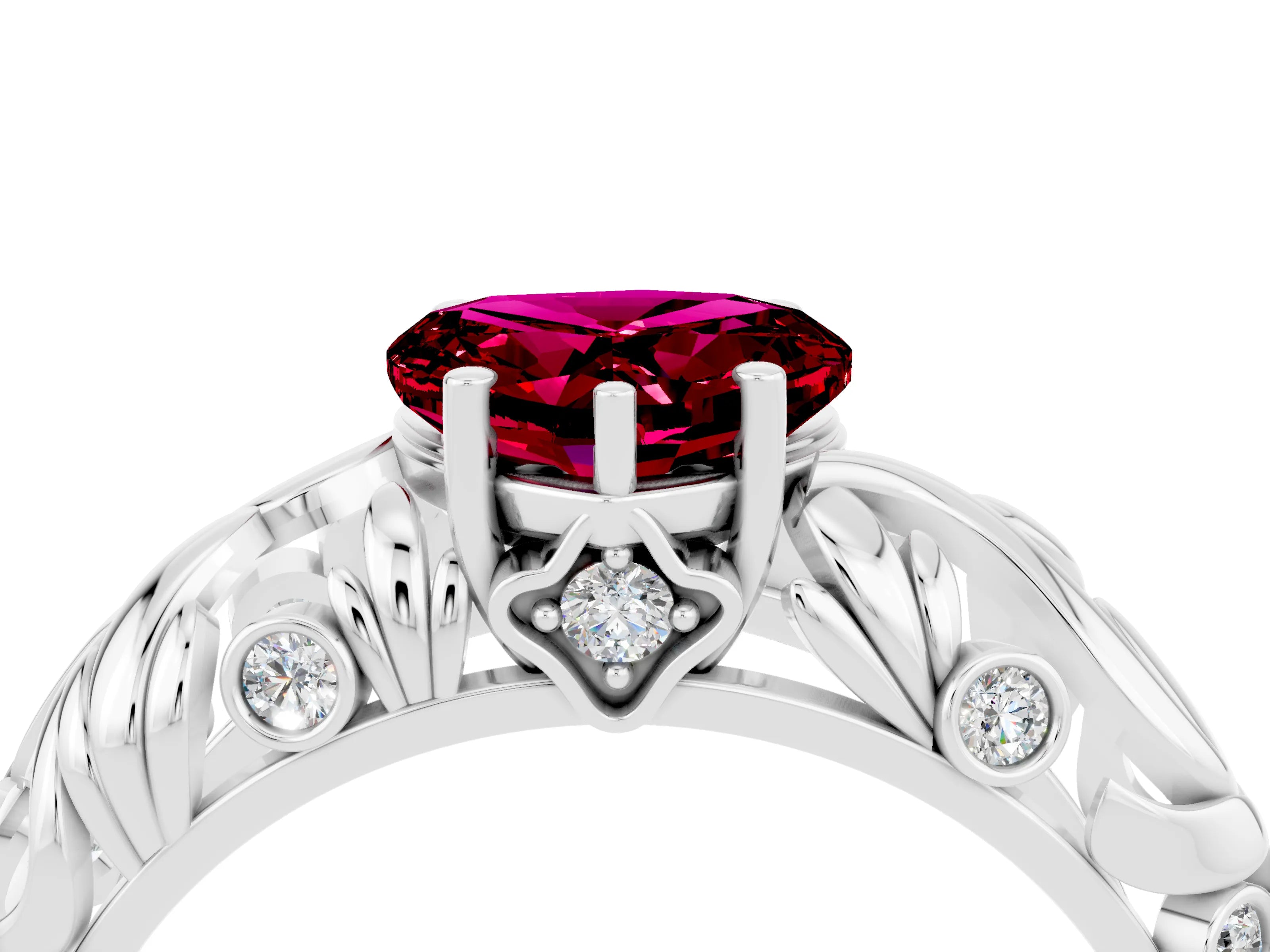 White gold Heart Cut Solitaire Garnet Leaf-Inspired Vine Band Ring with Prong Setting_4