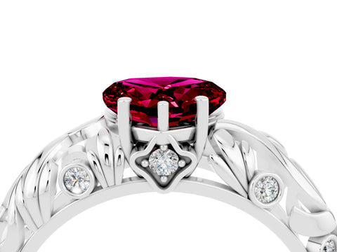 White gold Heart Cut Solitaire Garnet Leaf-Inspired Vine Band Ring with Prong Setting_4
